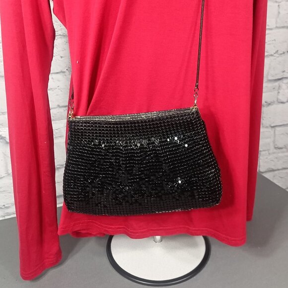 Vintage Black Beaded Evening Shoulder Bag Soft Mesh Classic Cocktail Purse - Picture 2 of 12